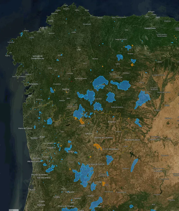 Mapa del noroeste de la península ibérica donde se indica la situación y área de los principales incendios de agosto de 2025