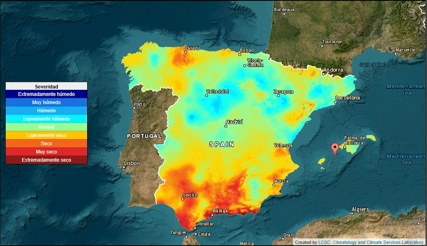 Mapa de España con colores que marcan los índices de sequía