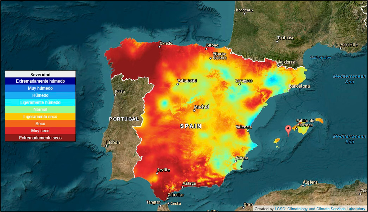 Mapa de España con colores que marcan los índices de sequía
