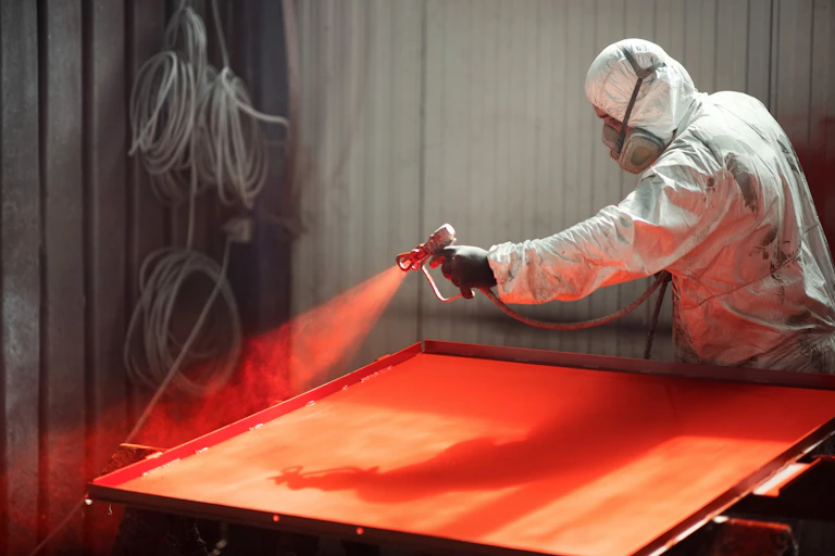 man in protective gear points a spray of reddish orange paint at a metal sheet