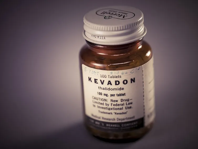 A pill bottle with a label carrying the drug's brand name, Kevadon, and its generic name, thalidomide.
