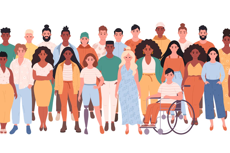 A graphic showign a crowd of different people of different races, body types, abilities.