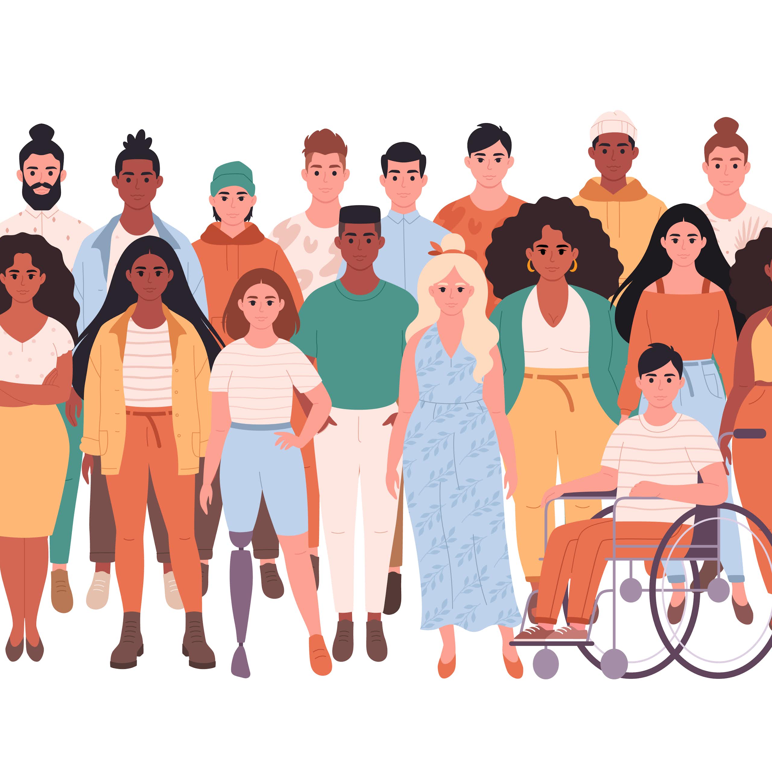 A graphic showign a crowd of different people of different races, body types, abilities.
