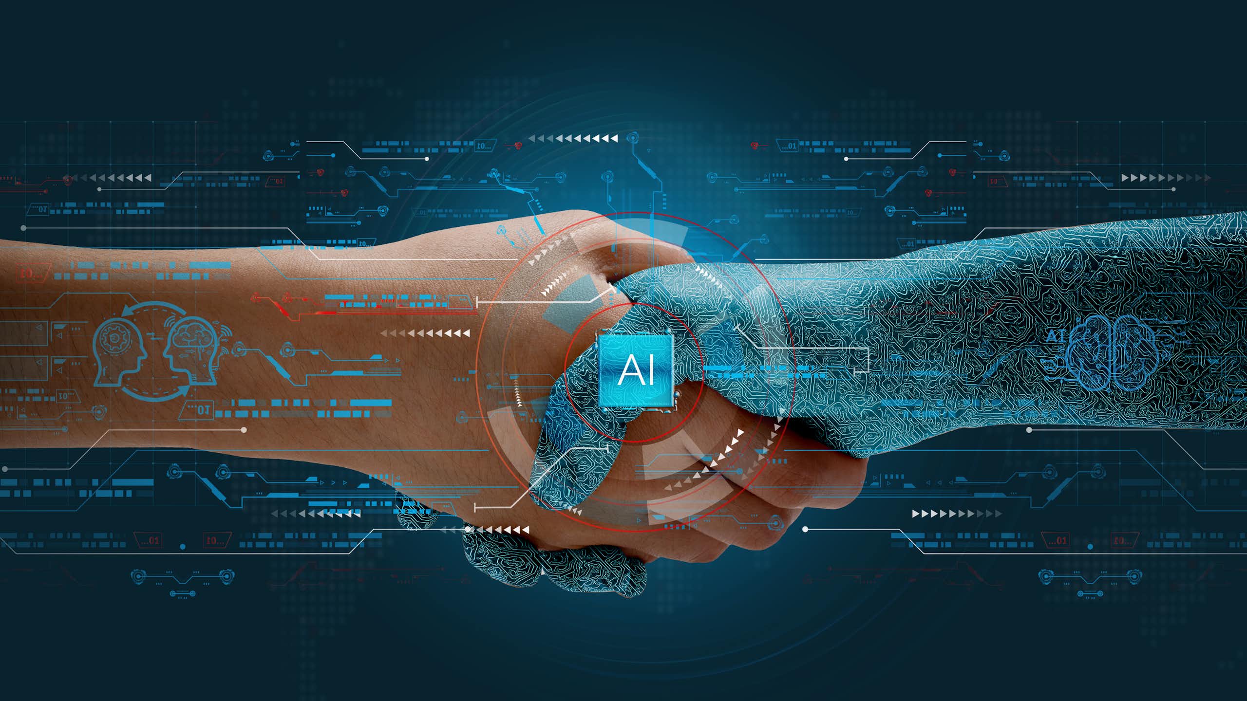 Human shakes hands with AI to show partnership.