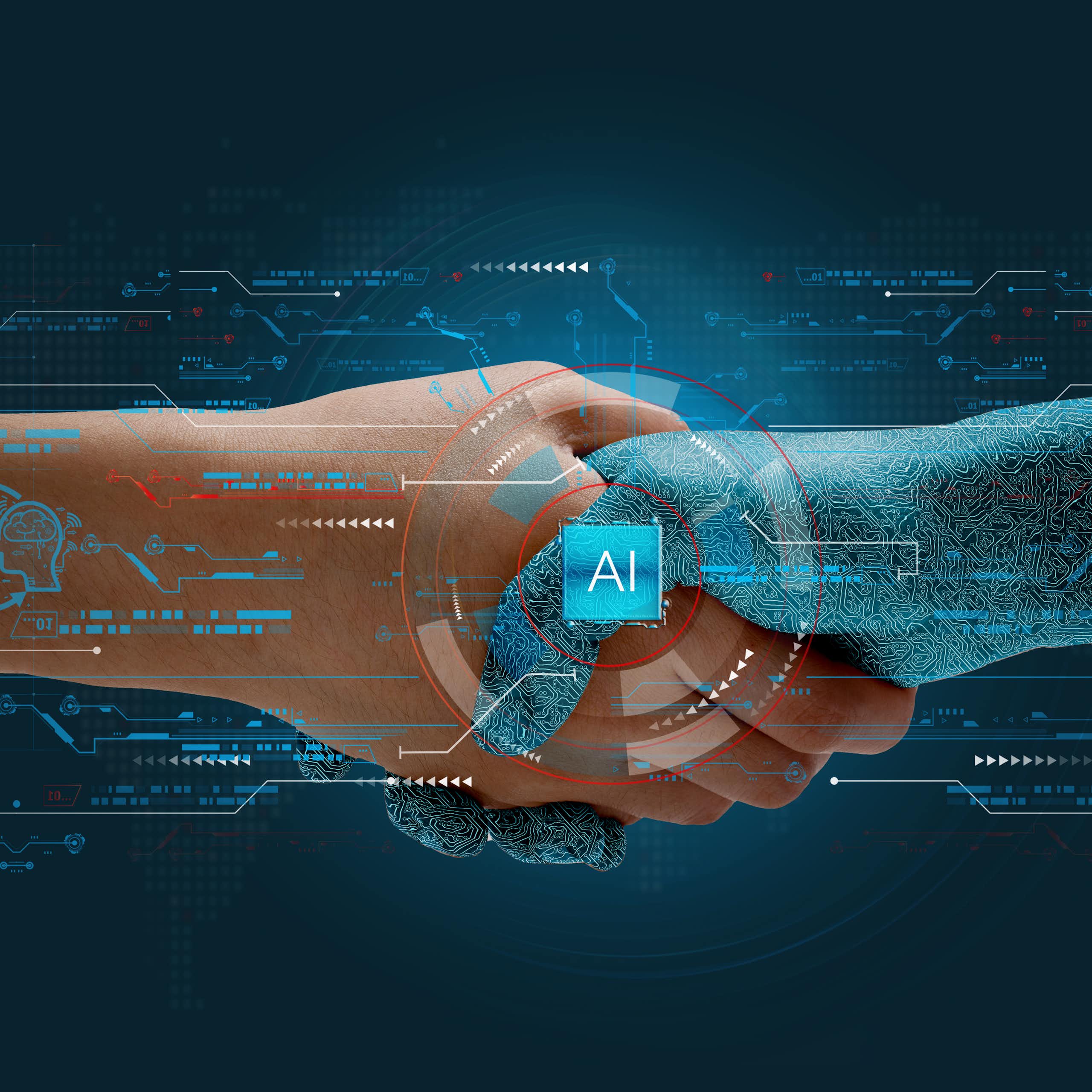 Human shakes hands with AI to show partnership.