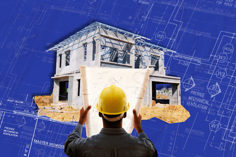 Composite image of a builder and a house against a blueprint backdrop