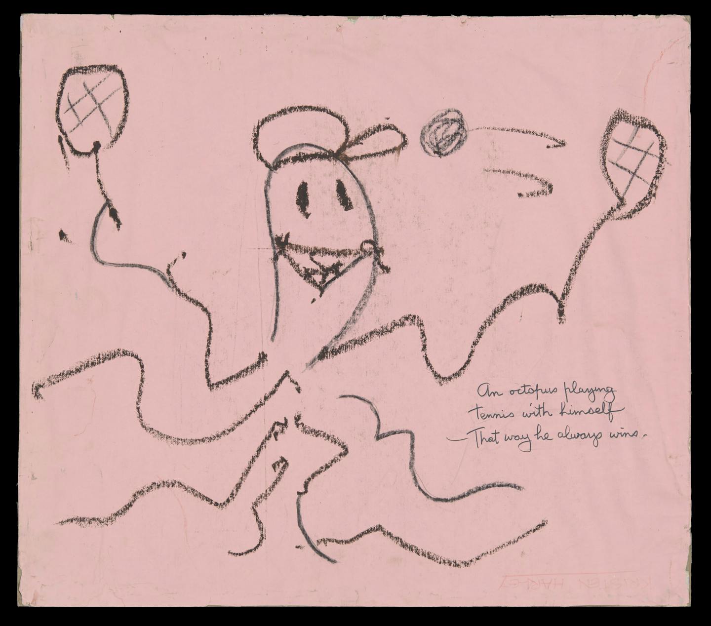 A sketch of an octopus playing tennis.