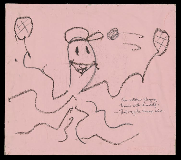 A sketch of an octopus playing tennis.