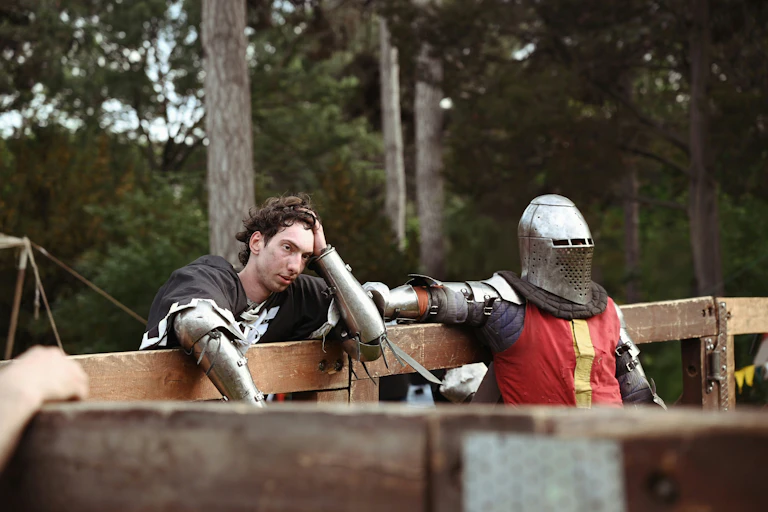 Two men dressed up in medieval armor.