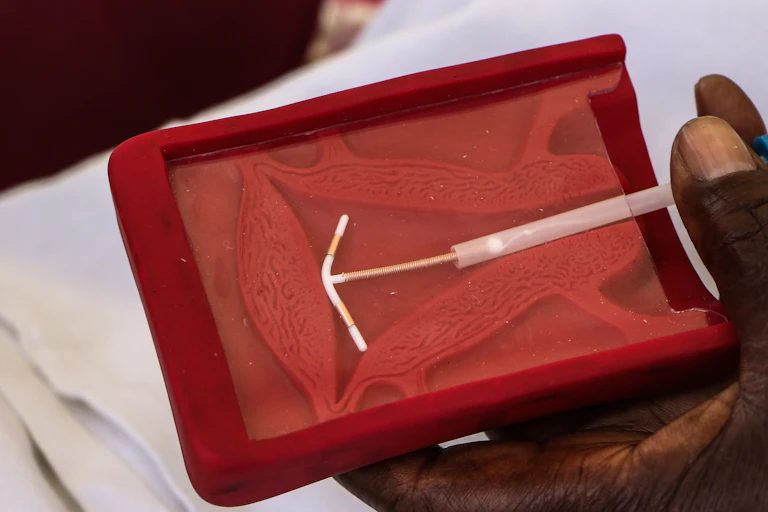 Hand holding a roughly T-shaped device against a diagram