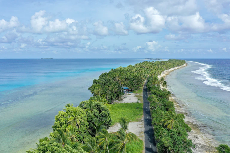 A tropical coastal atoll disappearing over the horizon.
