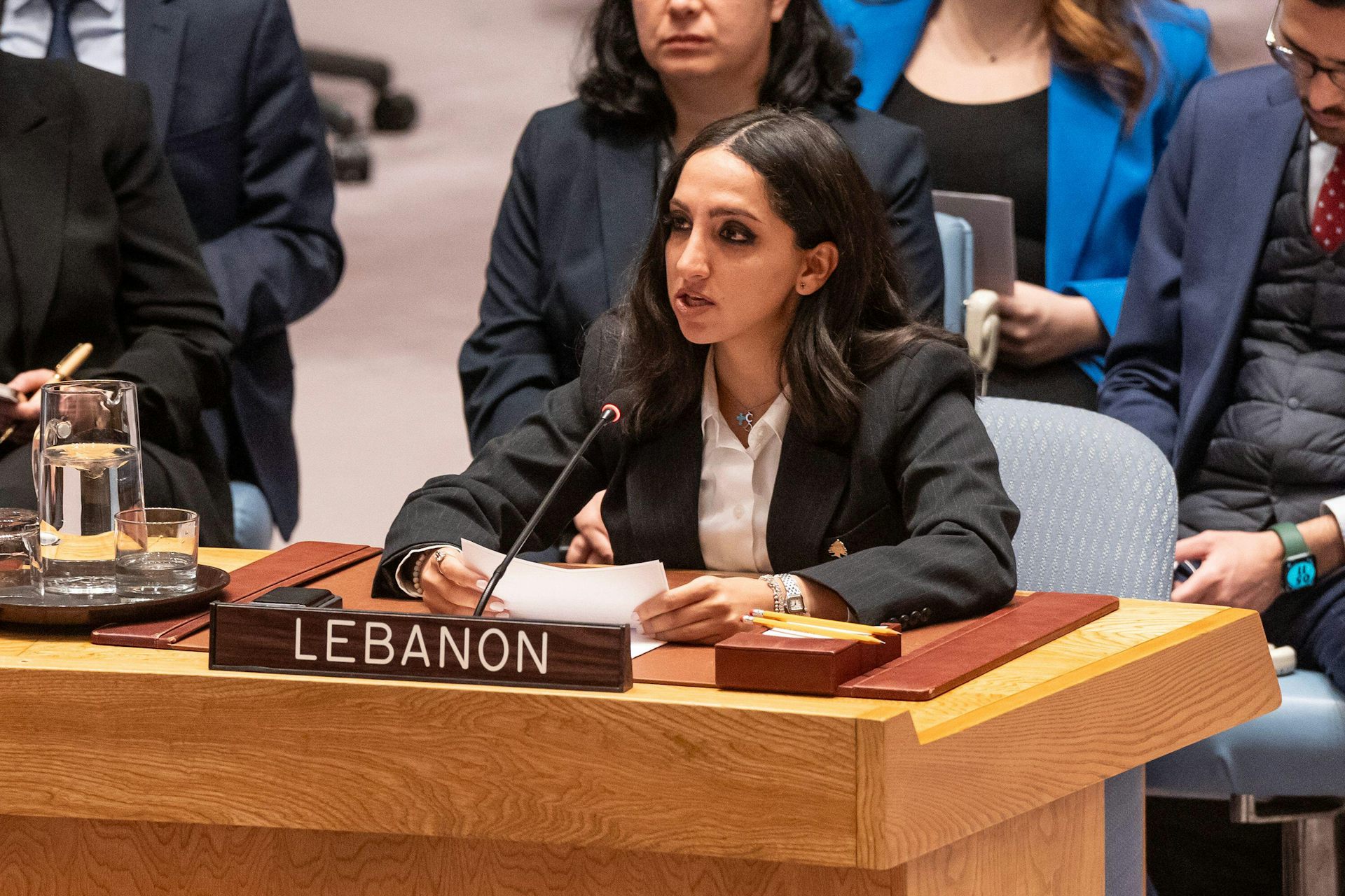 Rawa Zoghbi, Lebanese reprsentative to the UN addresses the security council in a debate over Unifil, January 2025.