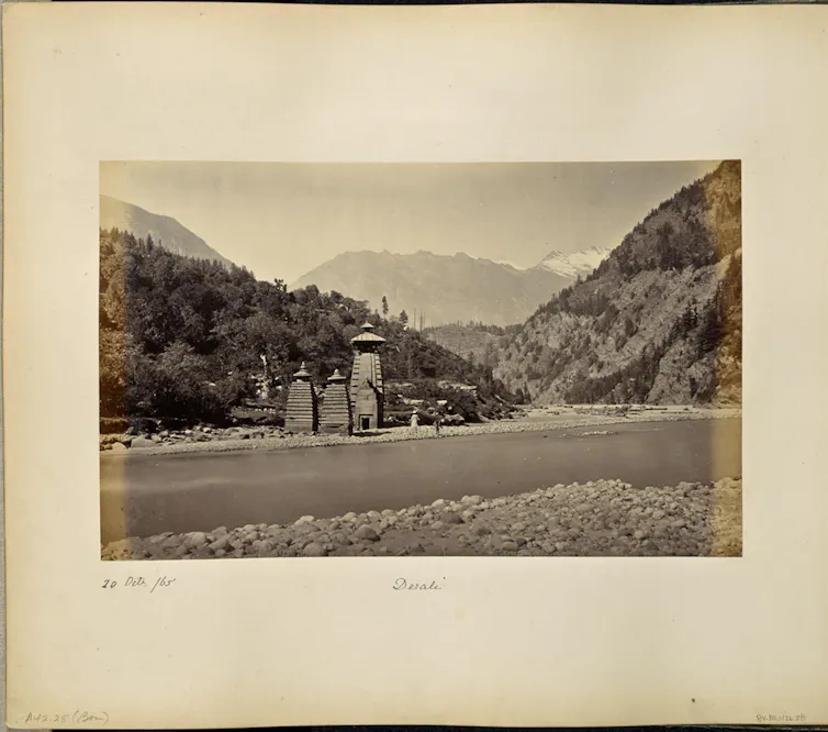 A black and white image of Kalp Kedar temple in Dharali from 1865.