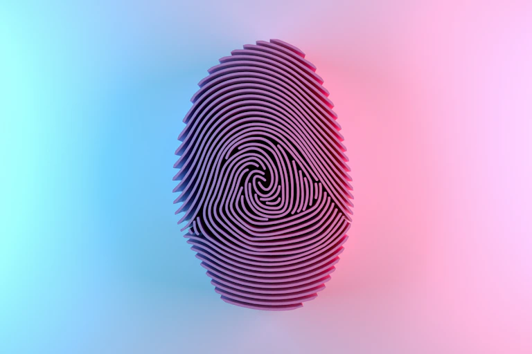 A graphic of a large fingerprint, colored light blue and pink.
