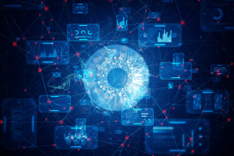 illustration of an eye surrounded by stylized computer screens showing data graphs