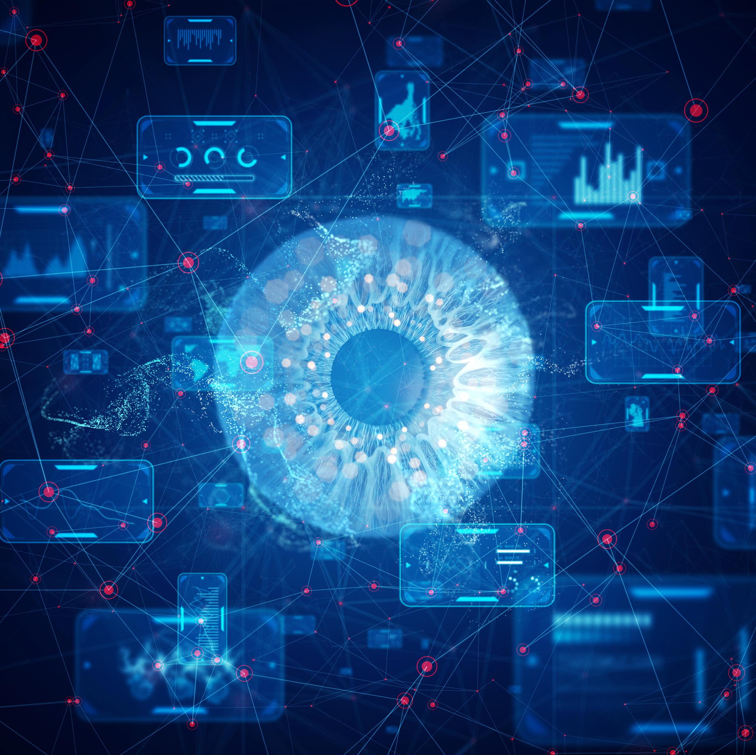 illustration of an eye surrounded by stylized computer screens showing data graphs