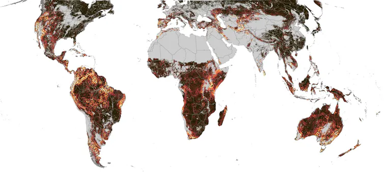 Map of the world showing patterns of light and dark