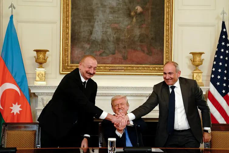 Xi, Putin and Modi to meet in China – but don’t expect their Eurasian bloc summit to agree on anything important 1 Azerbaijan's President Ilham Aliyev, US President Donald Trump, and Armenia's Prime Minister Nikol Pashinyan join hands during a signing ceremony in the State Dining Room of the White House in Washington, DC, USA, 08 August 2025.