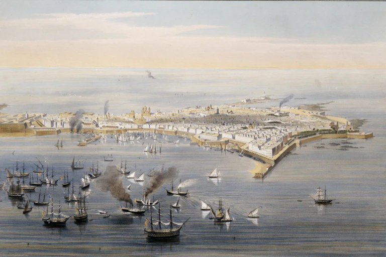 Vista de Cádiz desde el puerto dibujada por Alfred Guesdon en el siglo XIX.