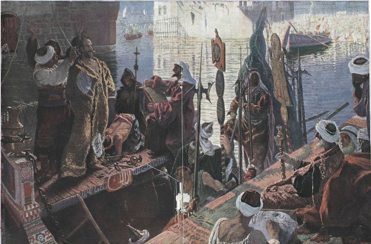 Pintura de Miguel de Cervantes frente a un hombre poderoso de Argel.