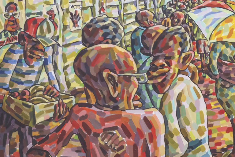 A figurative painting of African men talking on the street.