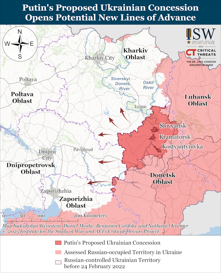 ISW map showing the potential for a rapid Russian advance west of the Donetsk oblast.