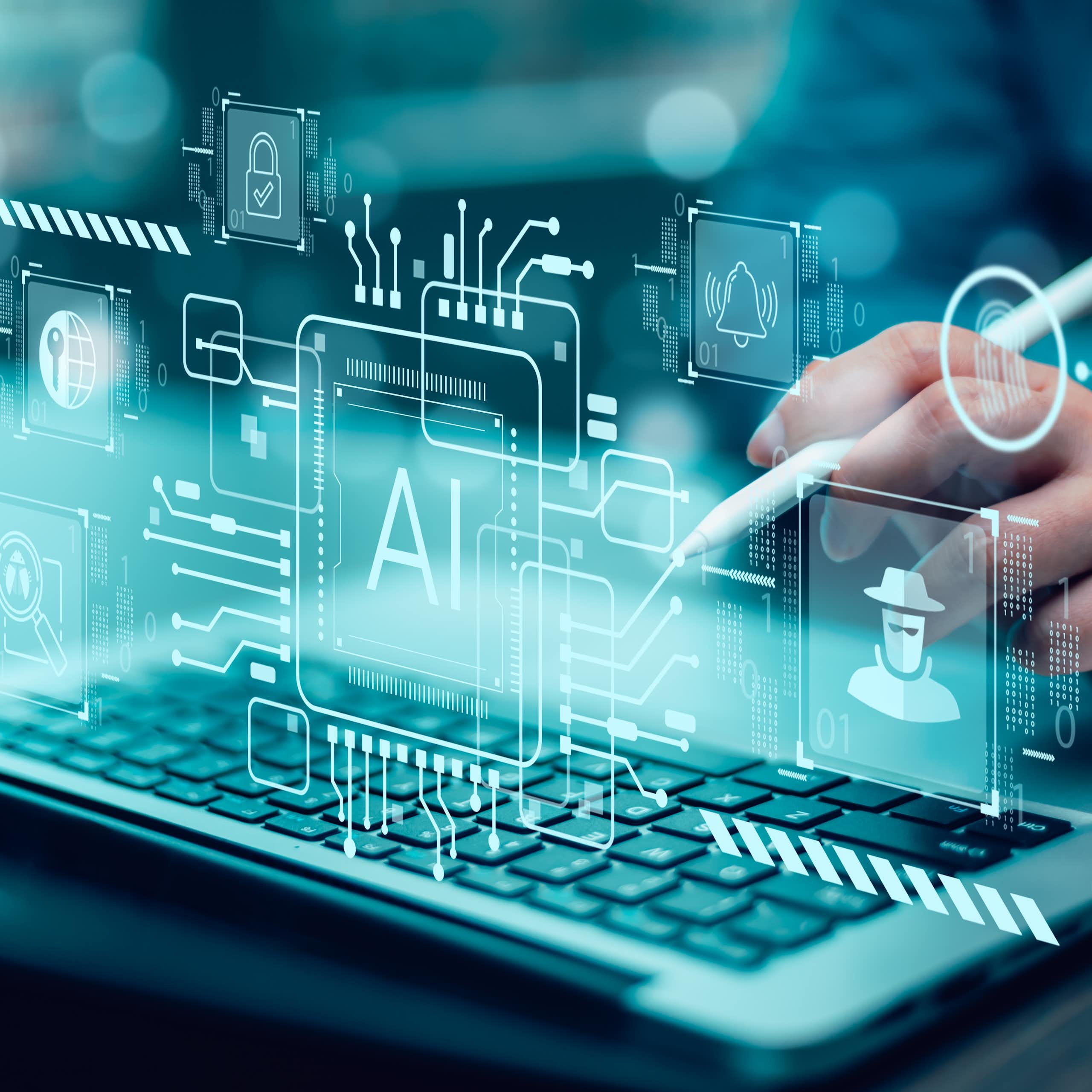 A human hand holds a stylus above the keyboard on a laptop. In the foreground, there is an illustration of symbols and connections associated with AI and computer systems.