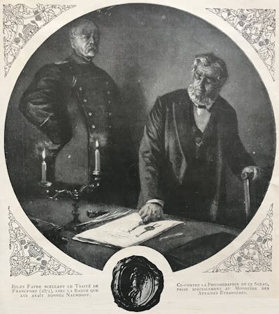 Illustration showing French foreign minister, Jules Favre signing the Treaty of Frankfurt in 1871 as German chancellor Otto von Bismarck looks on.