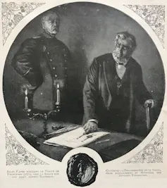 Illustration showing French foreign minister, Jules Favre signing the Treaty of Frankfurt in 1871 as German chancellor Otto von Bismarck looks on.