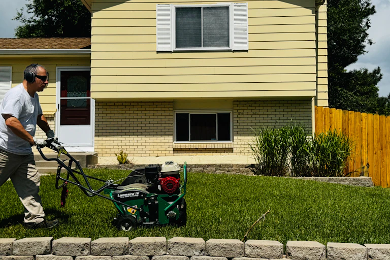 Man using an electric mower in his front garden