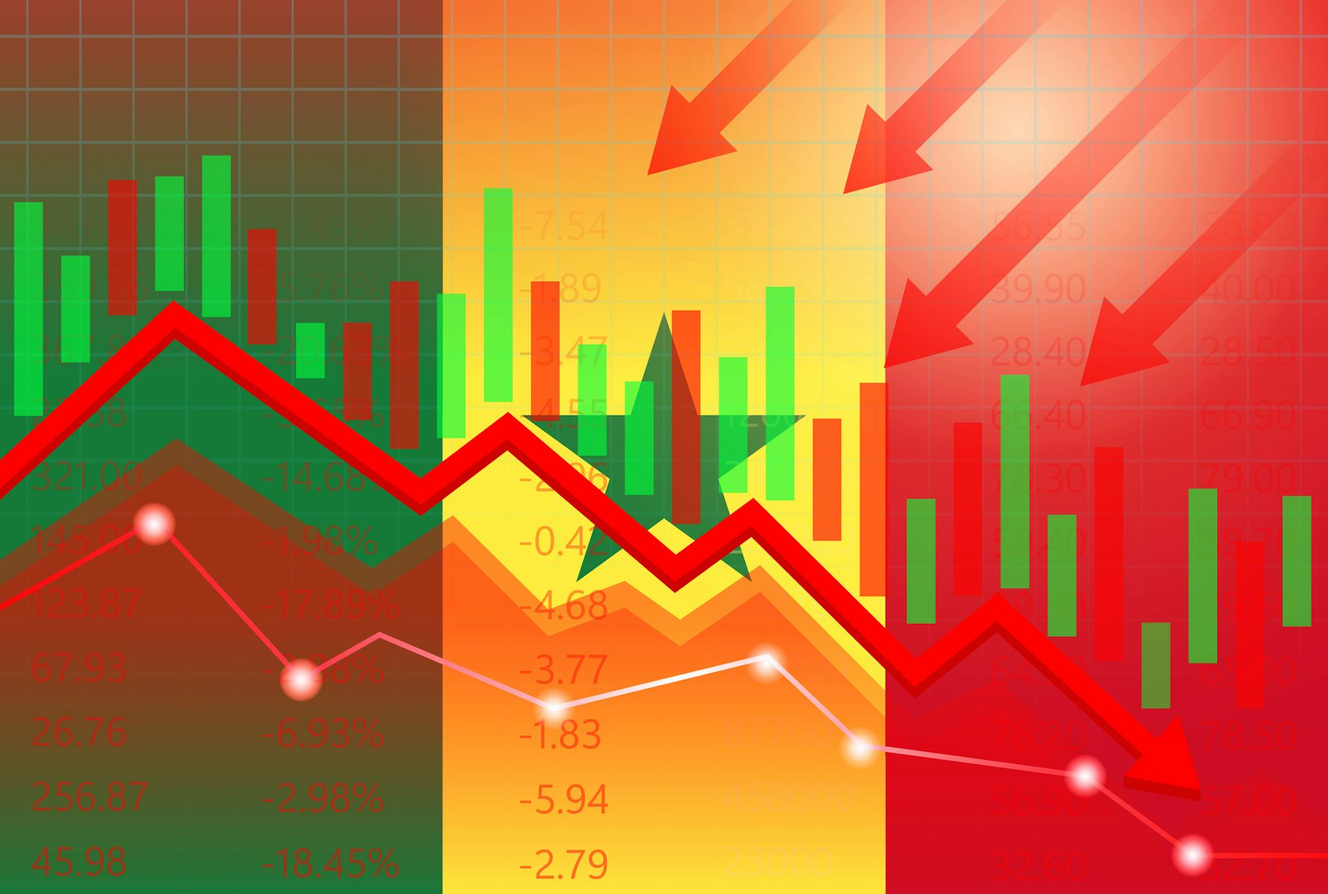 Graphic of jagged lines, bars and arrows
