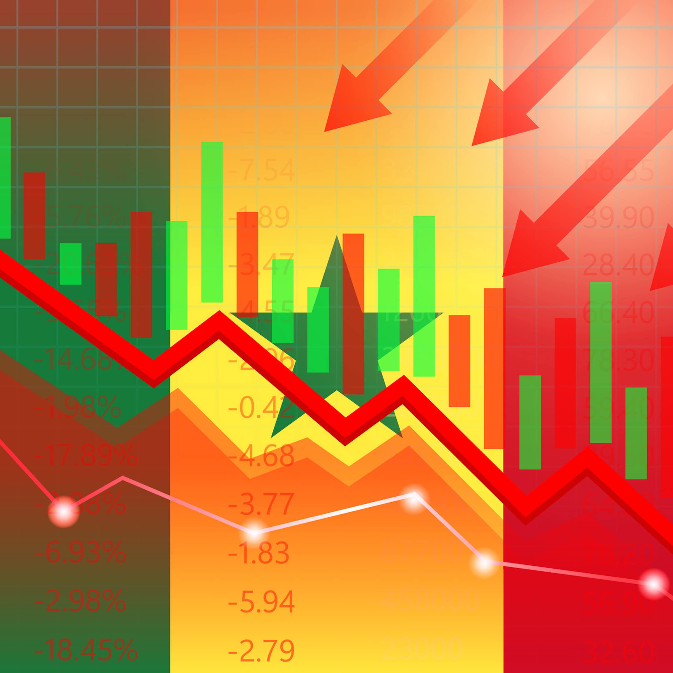 Graphic of jagged lines, bars and arrows