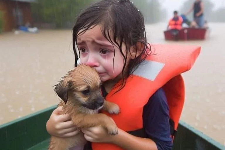 photo-realistic illustration of a small girl in a life vest in a boat clutching a puppy