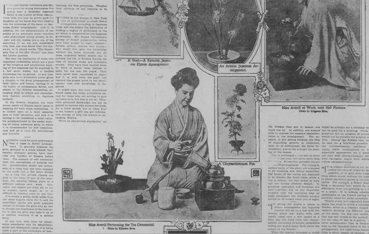 Newspaper clipping featuring images of flowers and a seated white woman dressed in Japanese garb performing a tea ceremony.