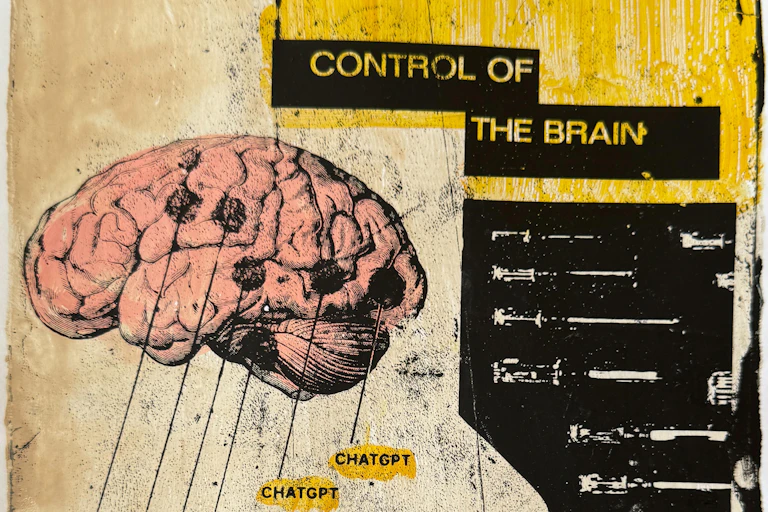 A brain diagram shows ChatGPT has replaced core functions of the brain, while a young girl in the bottom right covers her eyes in horror. Degraded imagery of screwdrivers and the words “Control of the Brain” frame the collage.
