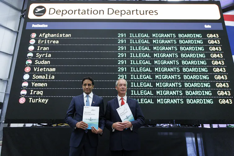 The most radical part of Reform’s deportation plans 1 Zia Yusuf and Nigel Farage standing in front of a mock departures board that reads 'illegal migrants boarding'