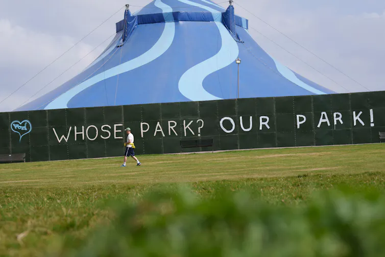 WHose park, our park graffiti on fence