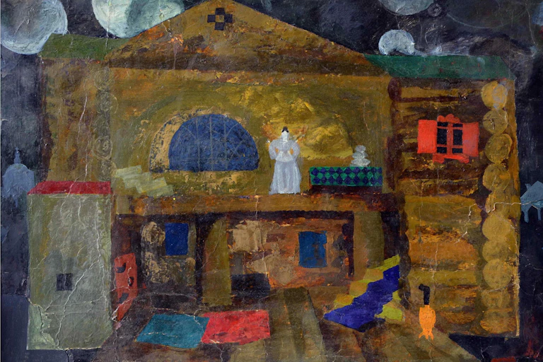 An designer's impression of the set for the Shostakovich opera Lady MacBeth of Mtsensk showing a woman standing inside a house upstairs.