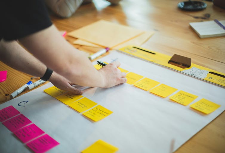 A person with a page of post-it notes.