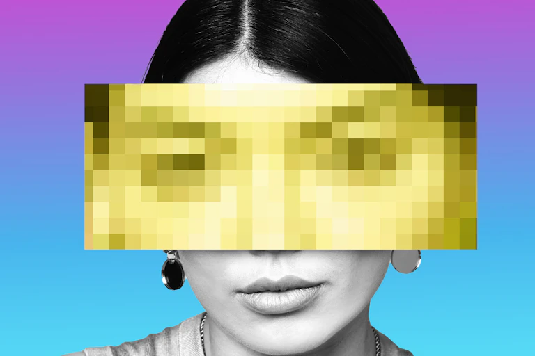 Photo of a woman with pixelated eyes