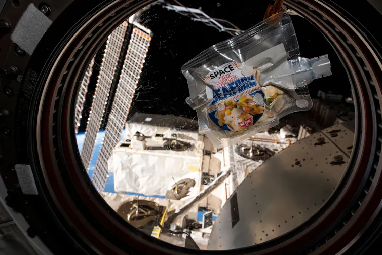 Seafood ramen floats in front of an ISS window.