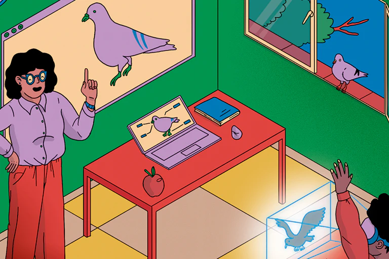 Ilustración de una profesora y una pantalla digital y un portátil que muestran la imagen de una paloma