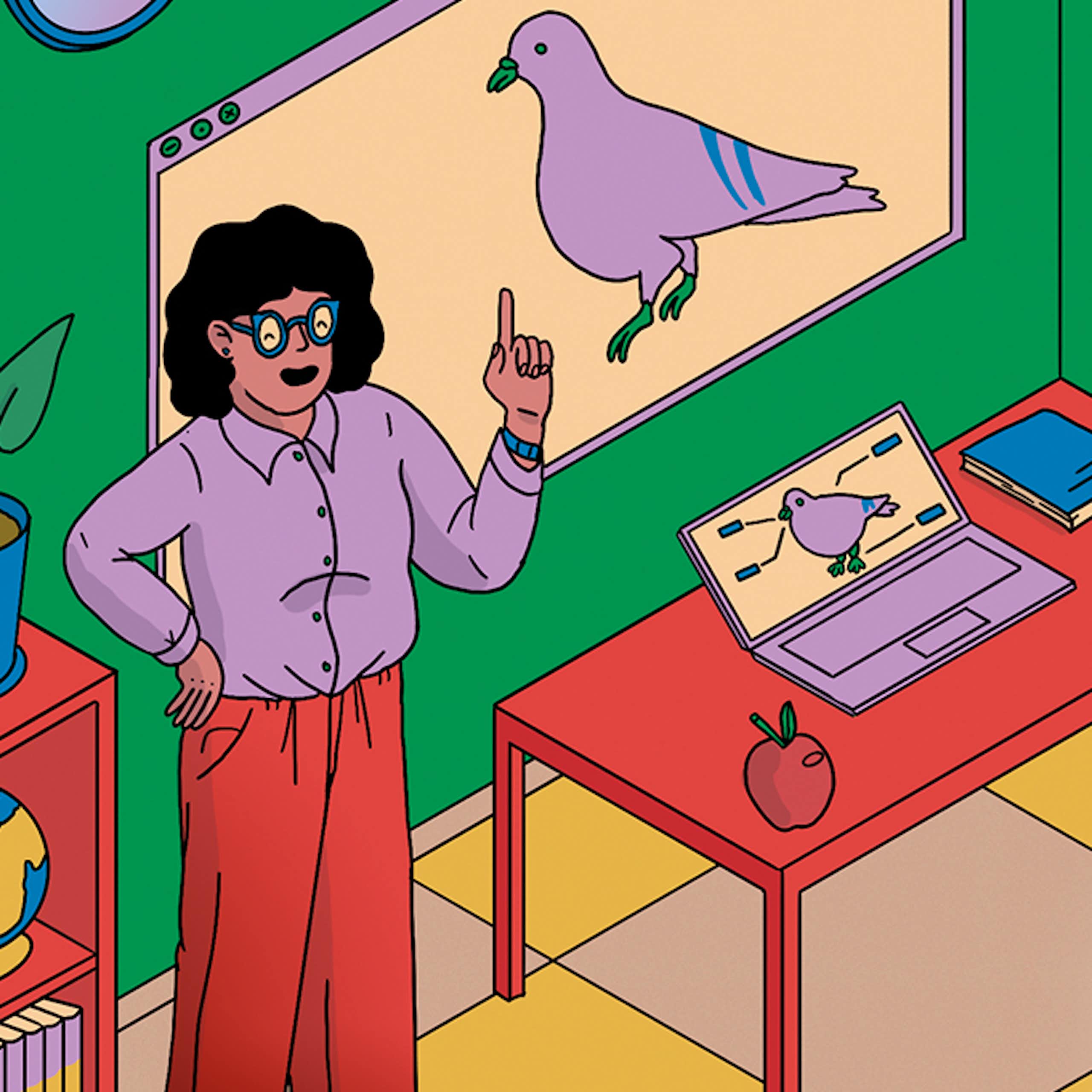 Ilustración de una profesora y una pantalla digital y un portátil que muestran la imagen de una paloma