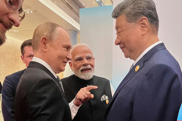Russian president Vladimir Putin with China's Xi Jinpijng and India's Narendra Modi at the 2025 summit of the Shanghai Cooperation Organisation, September 1 2025.