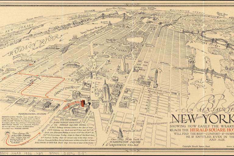 Mapa de una vista aérea de la ciudad de Nueva York con determinados lugares destacados.
