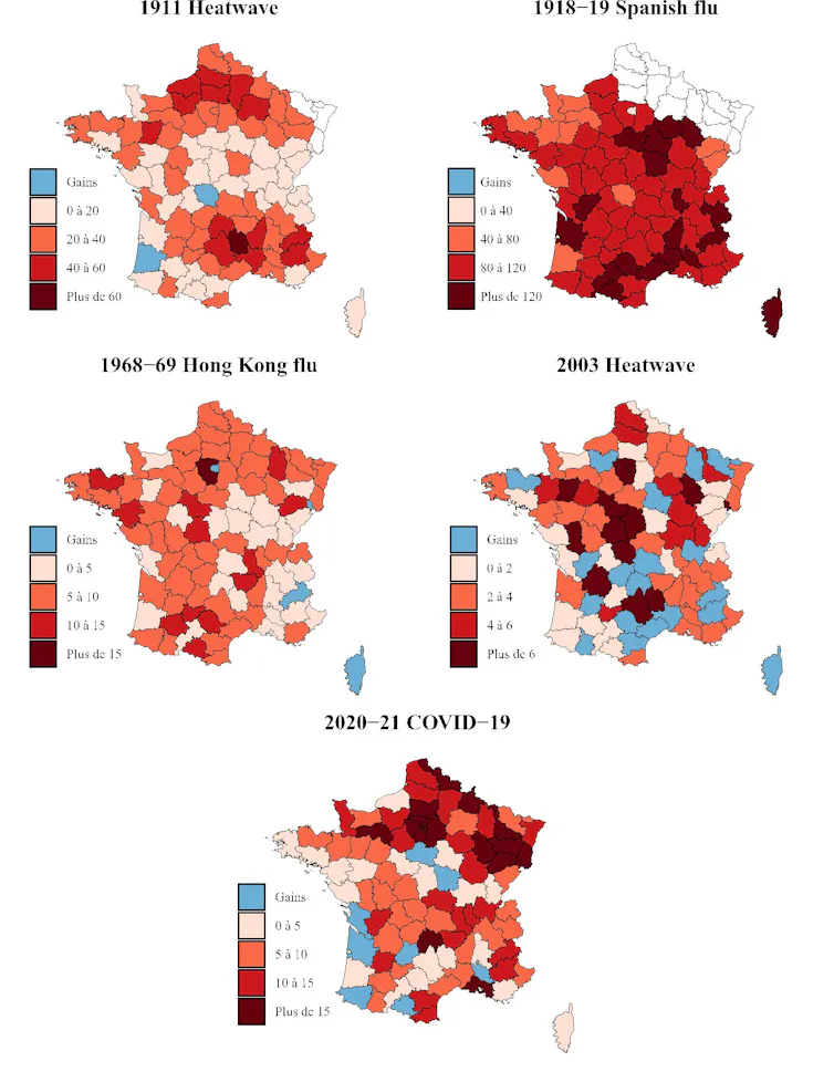 Carte de France représentant la distribution régionale des excès de mortalité, mesurée en années de vie perdues pour 1000 habitants, pour chacune des cinq crises, tous sexes confondus.