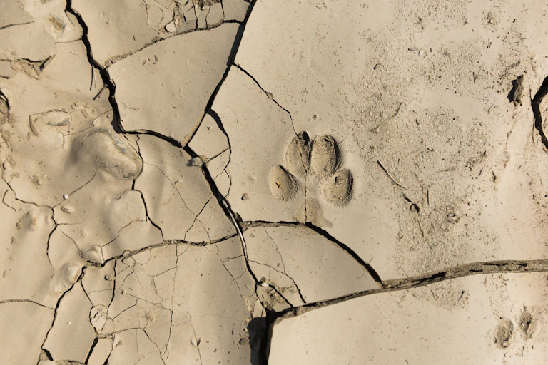 A paw print on baked mud.