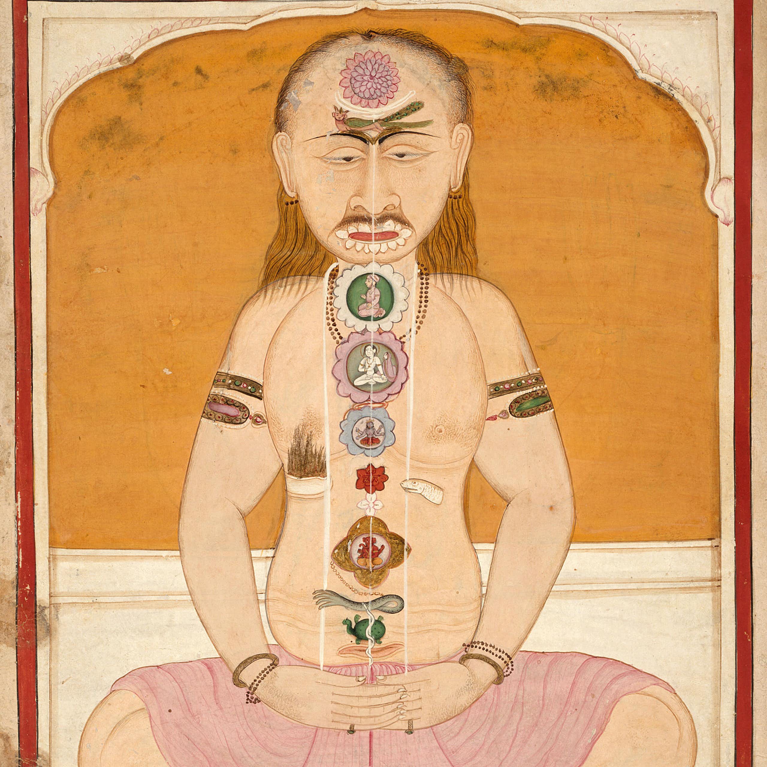 An old painting shows a figure in a yogic pose.