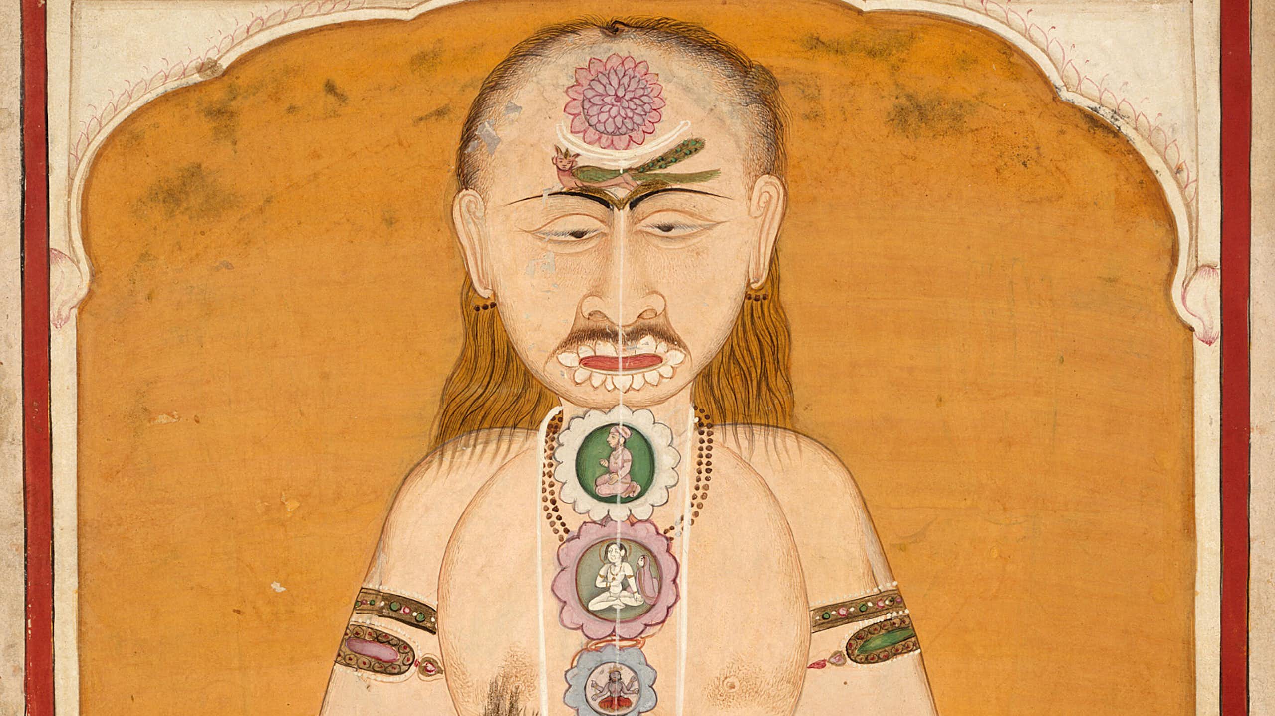 An old painting shows a figure in a yogic pose.