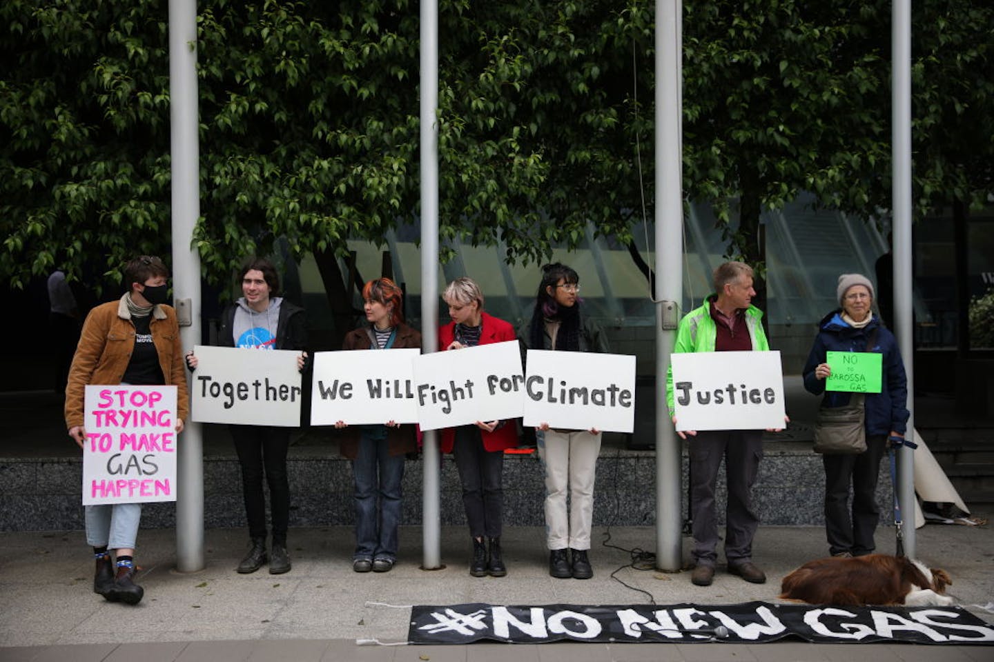people in a line holding signs